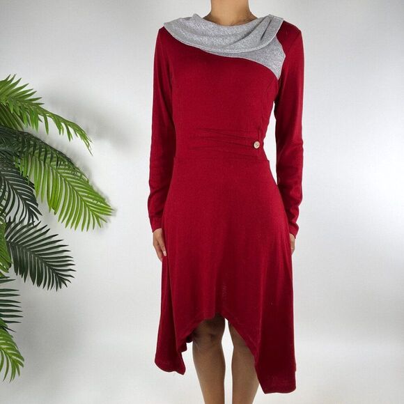Womens Red Cottagecore Boho Irregular Hem Cowl Neck Long Sleeve Sweater Dress /M - Picture 4 of 7